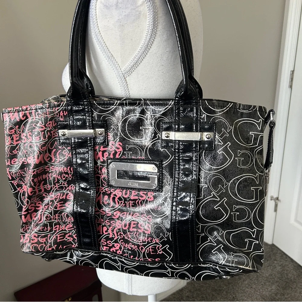 Y2K “GUESS” Black and Pink Monogram Print Zebra Print Lined Shoulder Bag - Picture 2 of 7